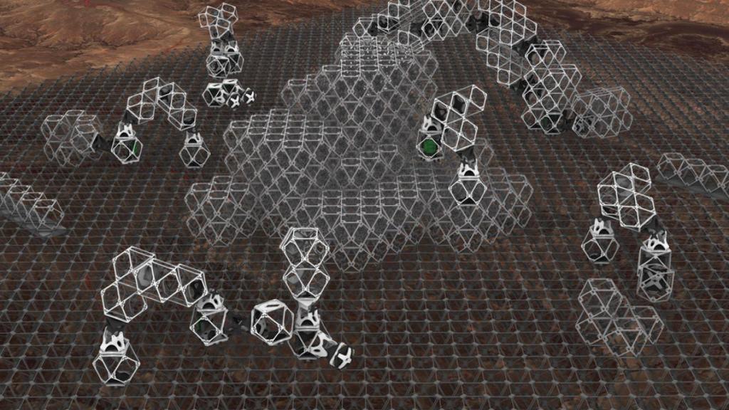 Ilustración de robots ensamblando una estructura