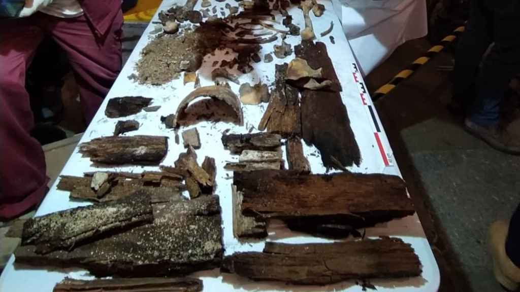 Restos óseos encontrados en el sarcófago de la iglesia de San Martiño en Poio (Pontevedra).