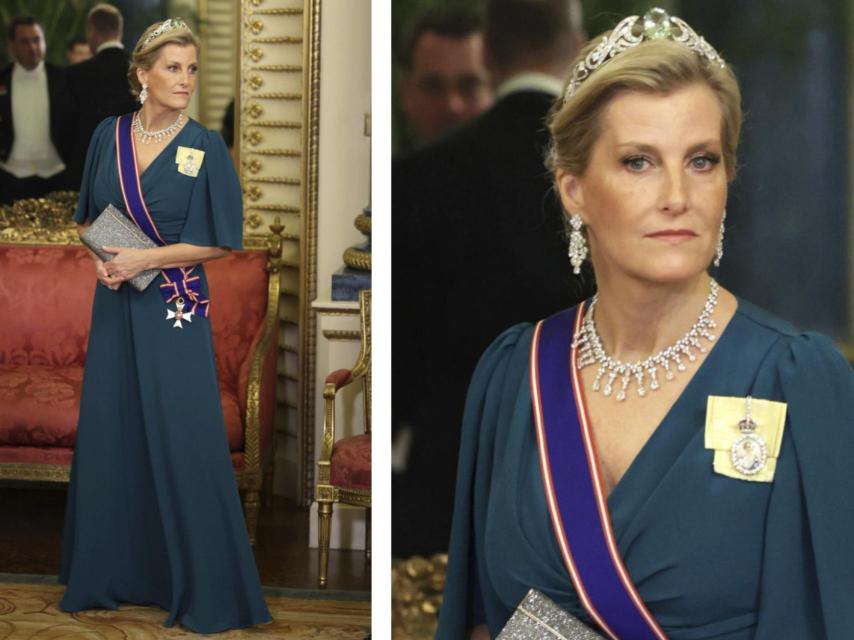 La condesa de Wessex, con tiara de aguamarinas.