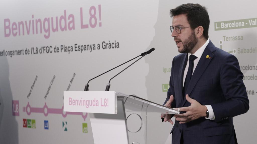 El presidente de la Generalitat, Pere Aragonés, durante la presentación de una nueva línea de ferrocarril este jueves