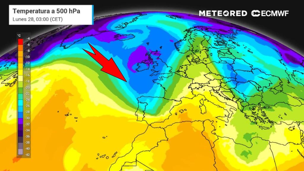 La entrada de aire frío facilitada por una vaguada la semana que viene. Meteored.