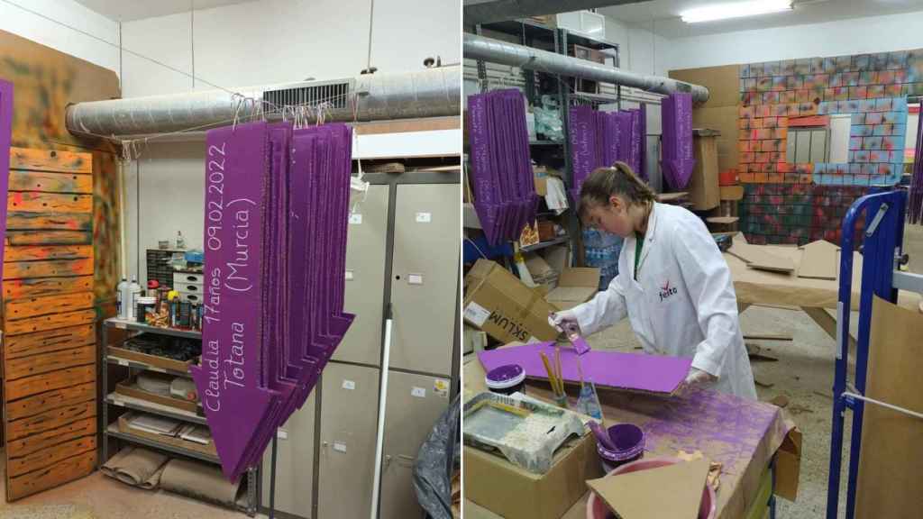 Confección de las flechas violetas para el domingo.