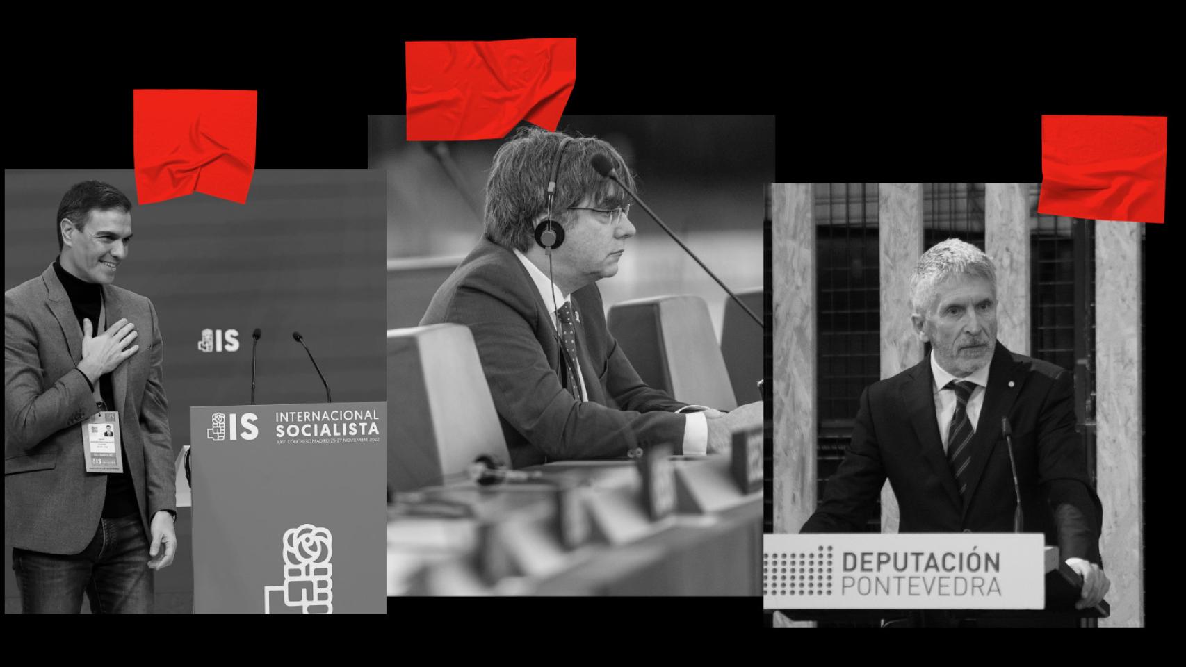 Pedro Sánchez, Carles Puigdemont y Fernando Grande-Marlaska, los tres protagonistas del pacto.