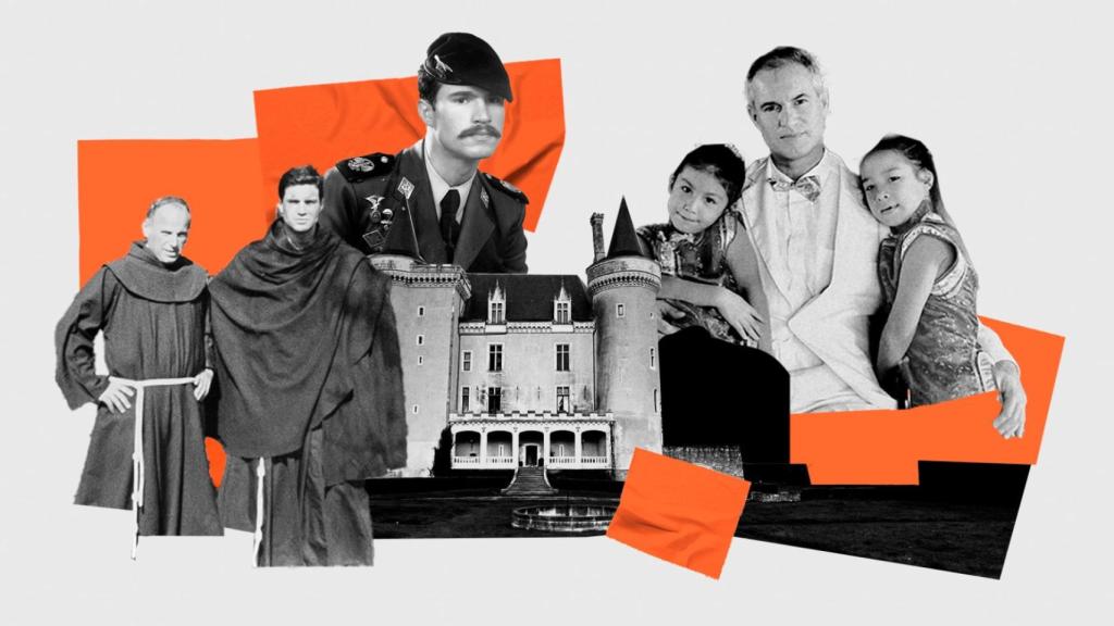 Fornesa en imágenes antiguas como fraile, paracaidista y con sus hijas. En el centro, la fortaleza medieval de su propiedad.