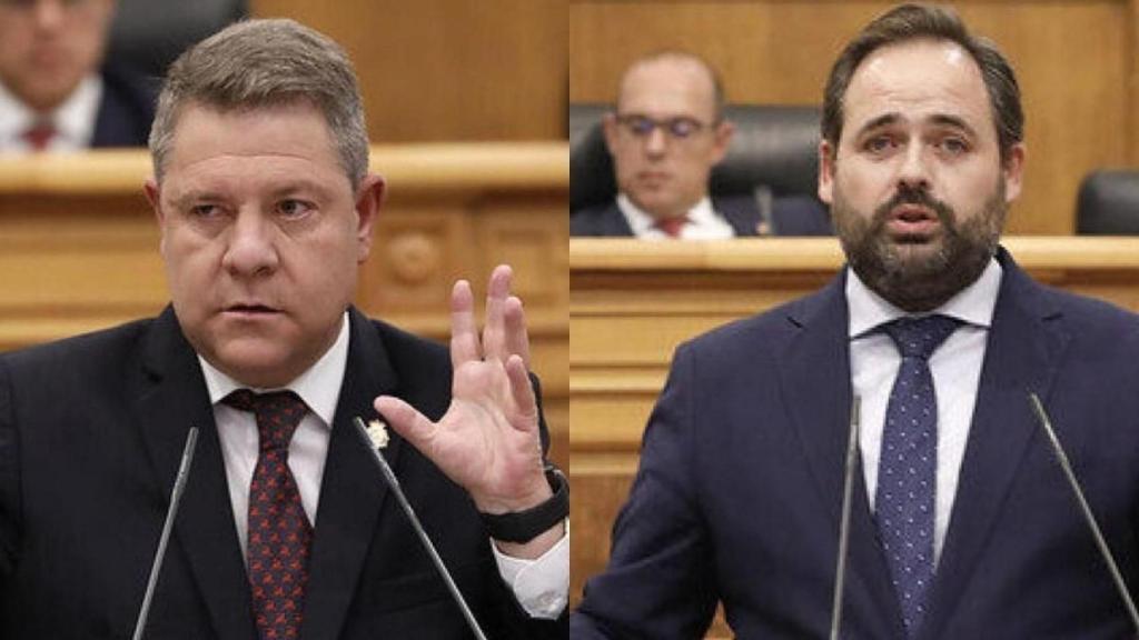 Emiliano García-Page, a la derecha, y Paco Núñez, a la izquierda, se saludan.