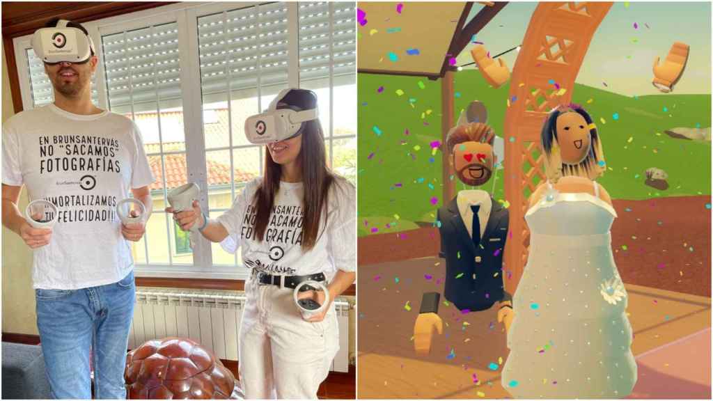 Eva y Julio disfrutando de su boda en el metaverso.