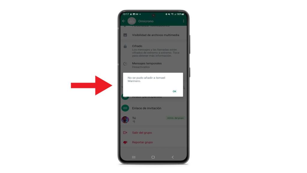 El mensaje de WhatsApp cuando se añade a un contacto que te ha bloqueado.
