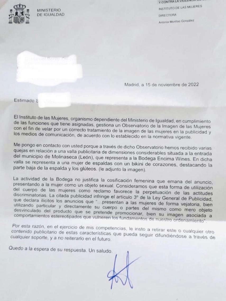 Carta recibida este lunes por la Bodega Almázcara Majara.