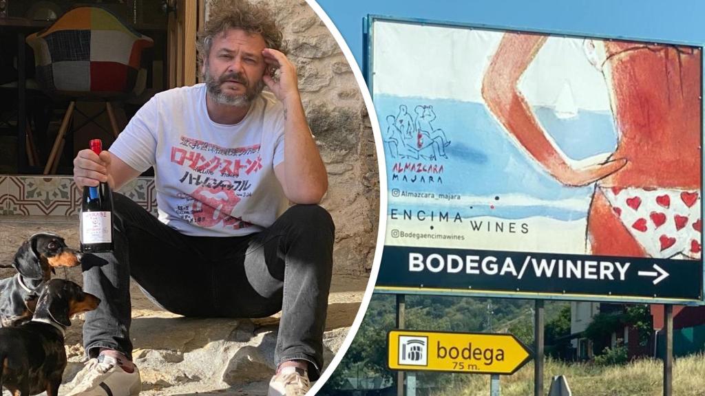 A la derecha el propietario de la bodega Almázcara Majara, Javer Álvarez, y a la izquierda la valla publicitaria.