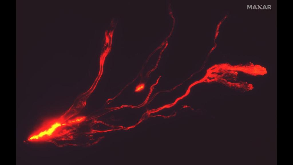 Vista del satélite de Maxar Technologies de los ríos de lava del Mauna Loa.