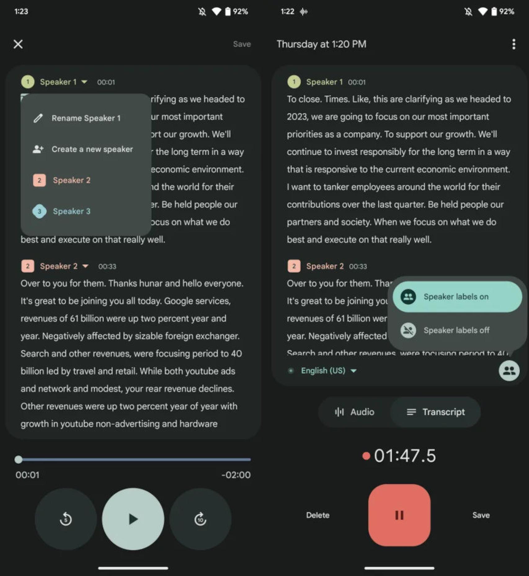 La nueva transcripción en la grabadora de Google