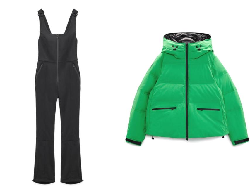 Peto de esquí y plumas verde de Zara.