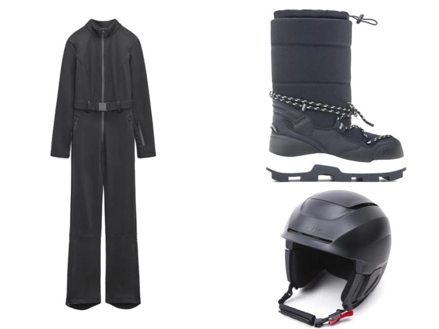 Mono, botas y casco, todo en negro.