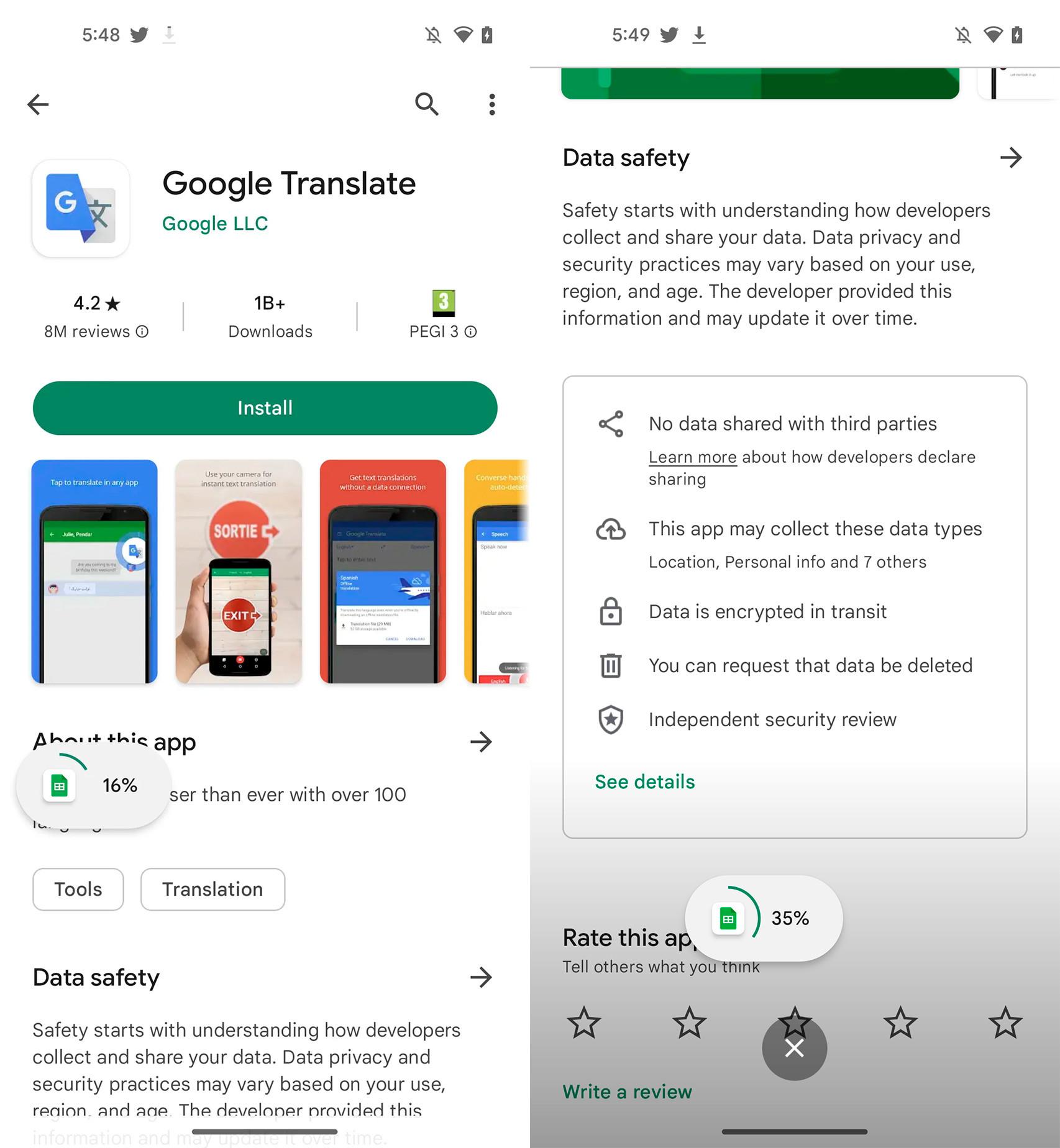 Burbuja flotante en Google Play para las descargas