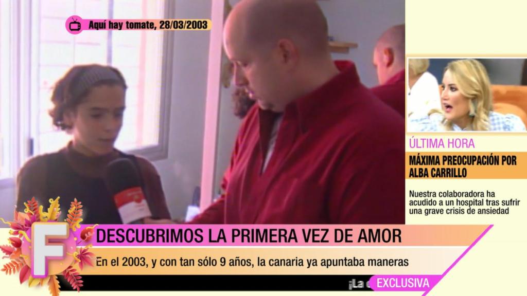 Amor Romeira en su primera aparición en televisión. 'Aquí hay tomate', 2003.