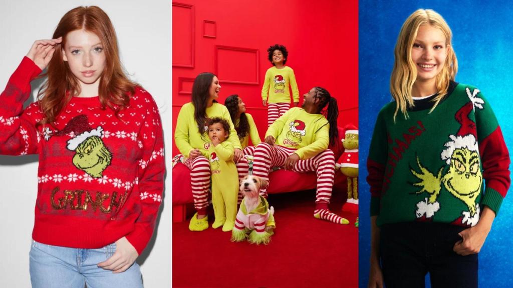 De izda. a dcha.: Diseños de C&A, Primark y Lefties, inspirados en El Grinch.