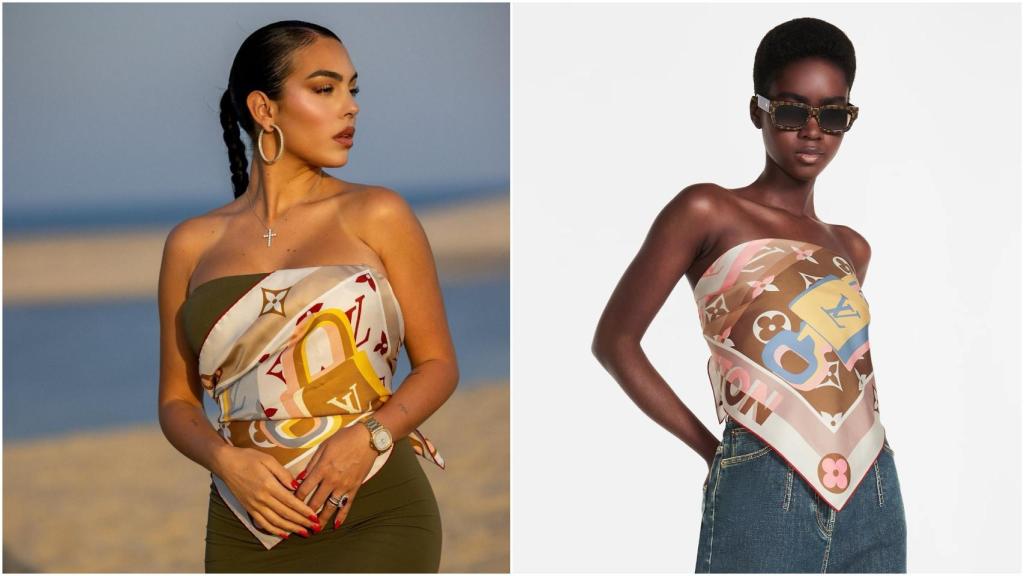 Georgina Rodríguez y la modelo de Louis Vuitton luciendo pañuelo a modo de 'top'.