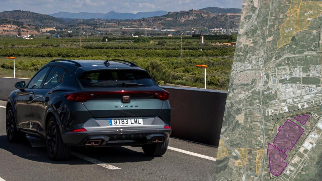 Ubicación y mapa donde está prevista la gigafactoría (en morado) y sus plantas solares (en amarillo). EE