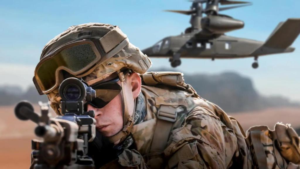 Un soldado en primer plano con un Bell V-280 Valor de fondo