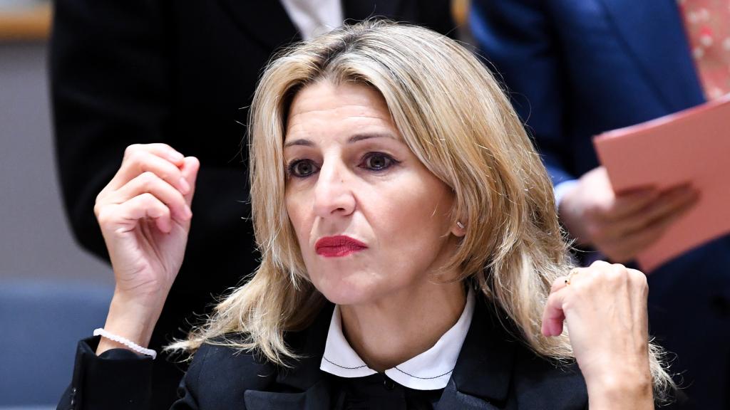 La vicepresidenta segunda y ministra de Trabajo, Yolanda Díaz, durante la reunión de este jueves en Bruselas