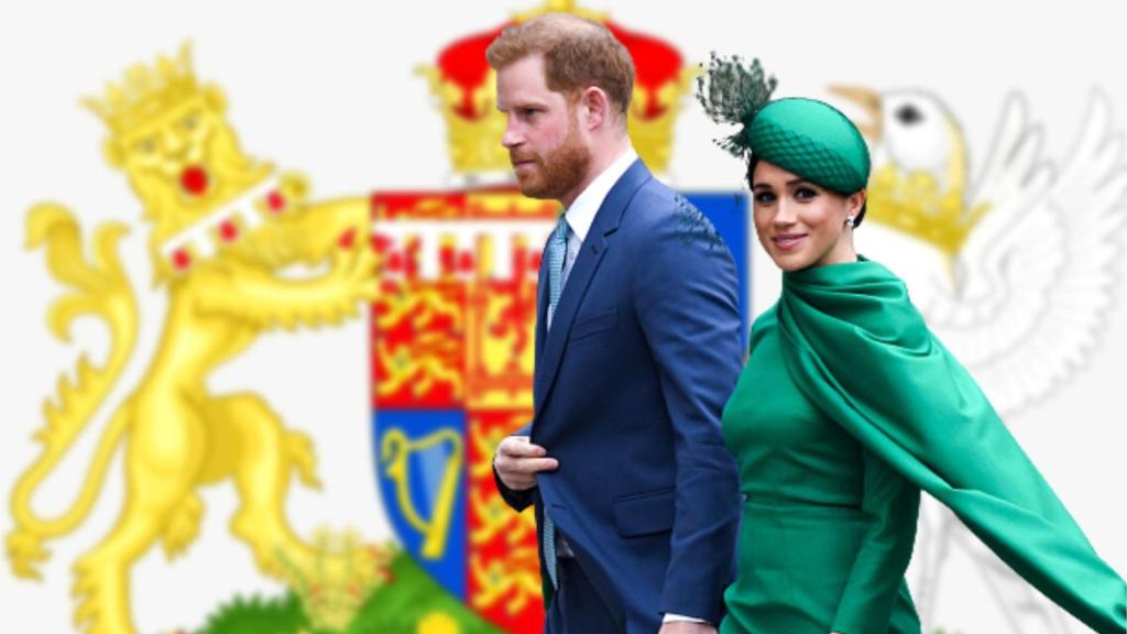 Los duques de Sussex, con el histórico escudo del ducado, en un montaje de El Español.