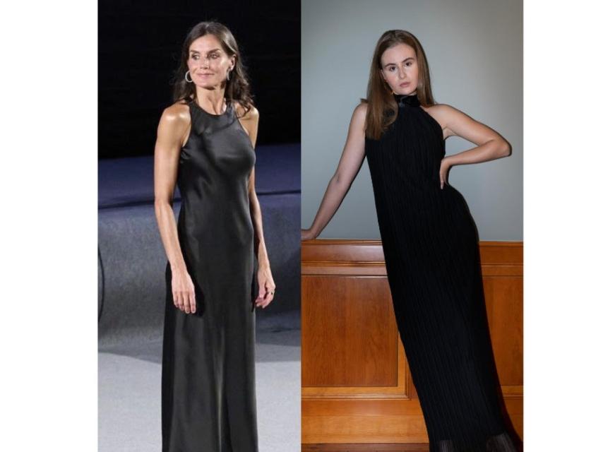La reina Letizia con vestido de Zara y la modelo con vestido de Laura Mir.