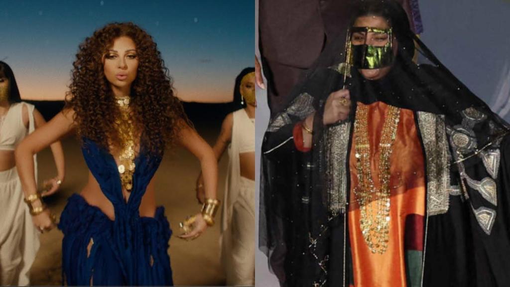 A la izquierda, la cantante libanesa Myriam Fares en el videoclip de 'Tukoh Taka', y a la derecha la artista qatarí Dana Al Fardan en la inauguración del Mundial.