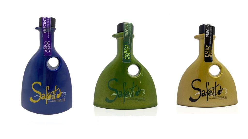 Por orden, los aceites Safeito de arbosana, de arbequina y de empeltre.