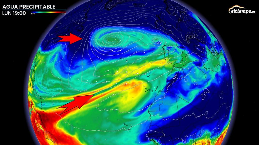 La borrasca Efraín al oeste de las Azores y el río atmosférico procedente de Sudamérica. ElTiempo.es