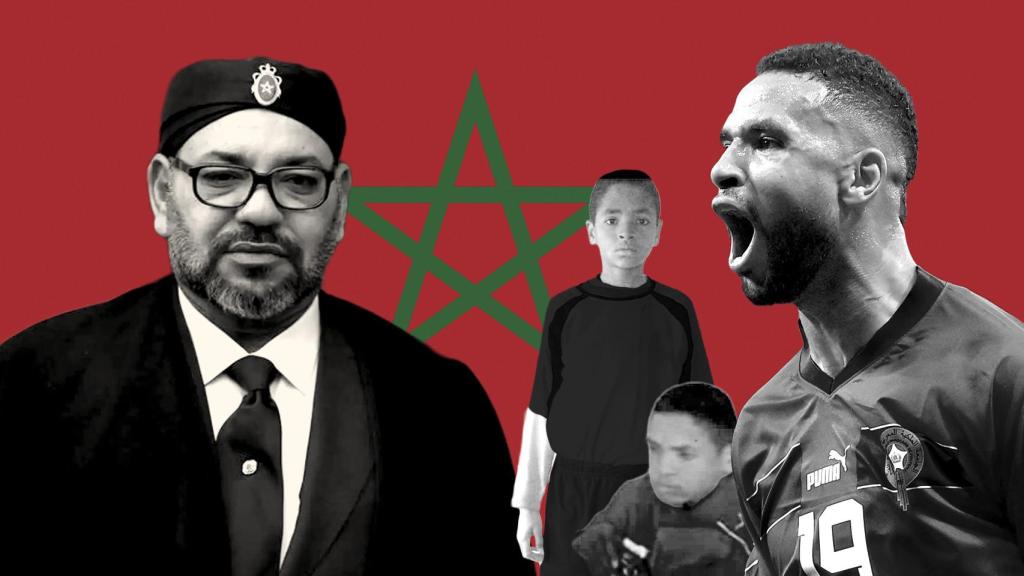 El rey Mohamed VI de Marruecos y Youssef En-Nesyri de niño y en la actualidad en el Mundial de Qatar