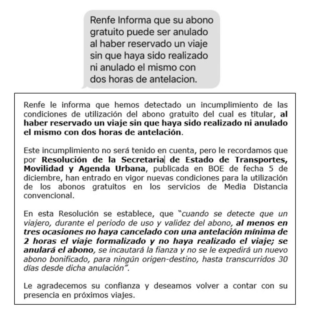 Mensajes que enviará Renfe a los usuarios que cometan irregularidades en el uso de los abonos gratuitos.
