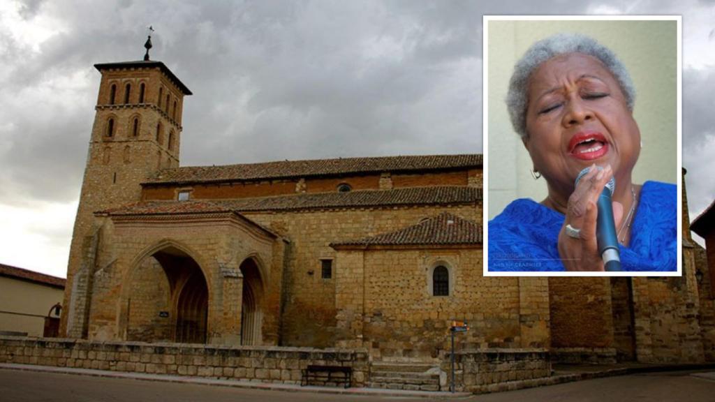 La iglesia de Santa María de Paredes de Nava y Gwen Glory en una foto cedida por la Diputación de Palencia.