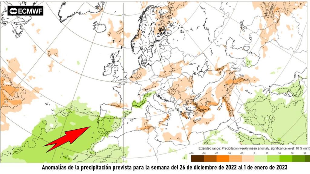 Las anomalías de precipitaciones previstas para la semana de Navidad.