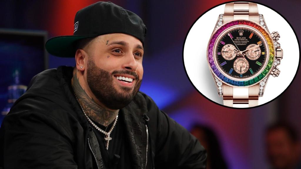 Nicky Jam en 'El Hormiguero' y junto a su reloj Rolex Daytona Rainbow.