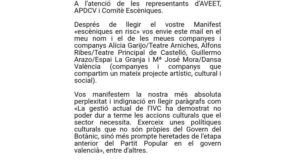 Inicio del comunicado a la s asociaciones escénicas de la Comunidad.