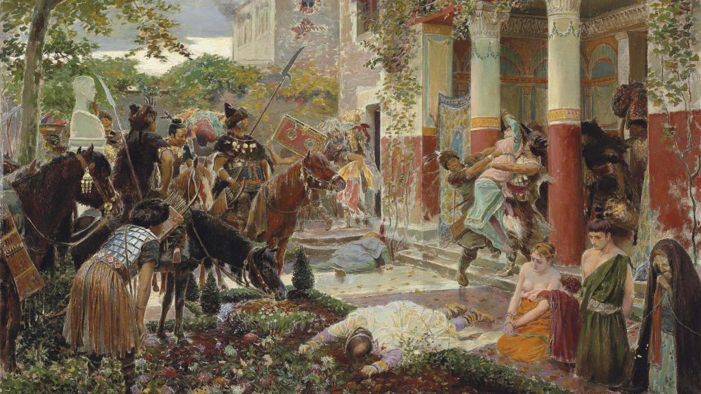 Recreación de una villa romana saqueada por las hordas de Atila. Un lienzo de Georges-Antoine Rochegrosse.
