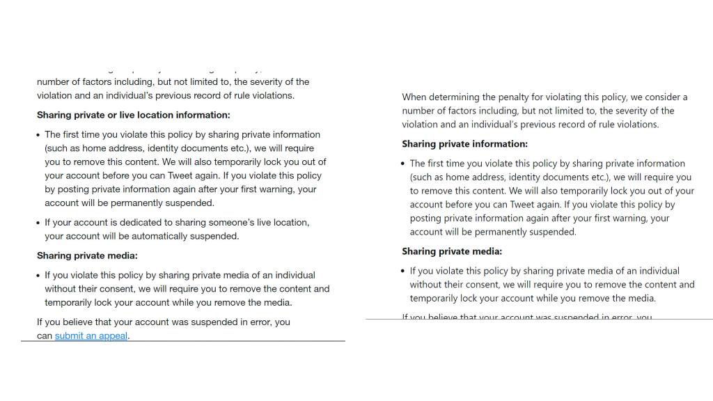 Capturas de las políticas de Twitter y del registro de Internet Archive