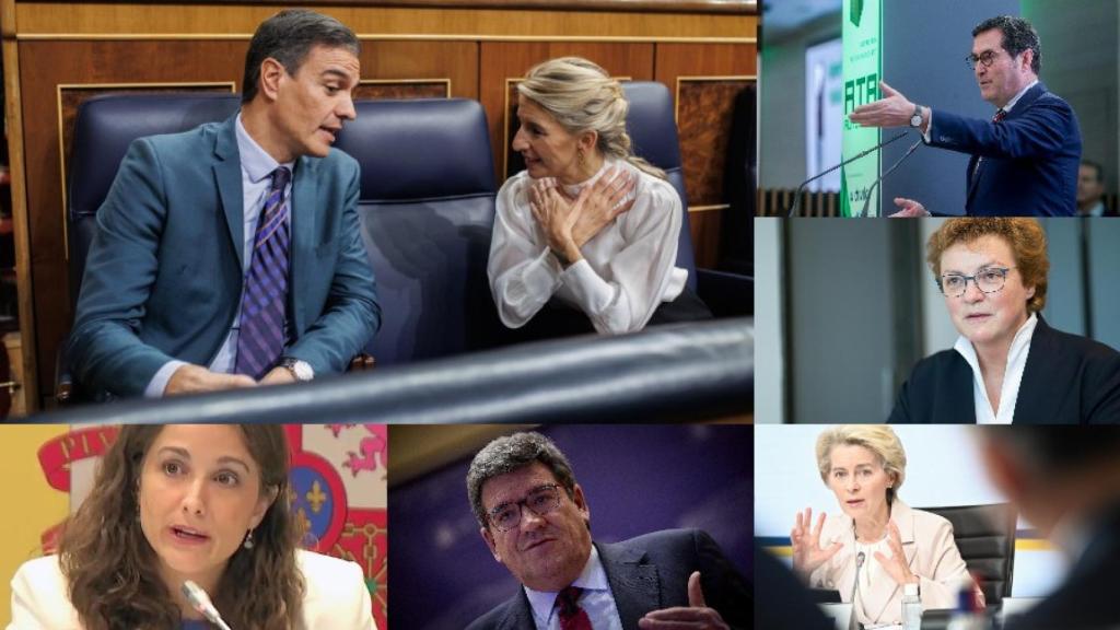 Pedro Sánchez, Yolanda Díaz, Antonio Garamendi, Monika Hohlmeier, Ursula von der Leyen, José Luis Escrivá y Rocío Frutos.