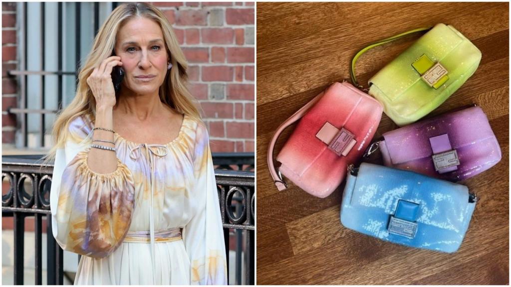 Sarah Jessica Parker con sus bolsos de Fendi en un montaje de El Español.