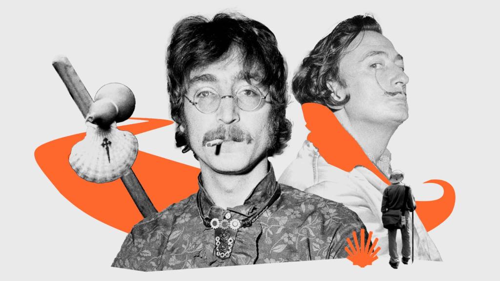 Jonh Lennon, Salvador Dalí, un pegrino y un bastón con la vieira marcada con la cruz de Santiago.