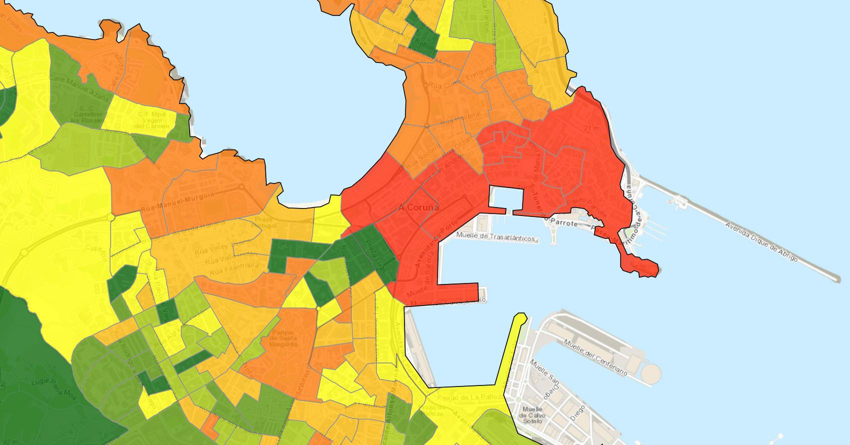 Vista en detalle de las zonas de A Coruña con más porcentaje de pisos turísticos