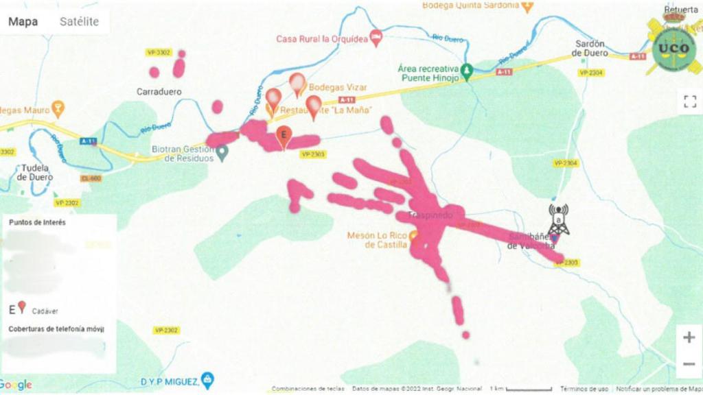 Punto E en el que se encontró el cadáver de Esther y el recorrido del coche de Óscar