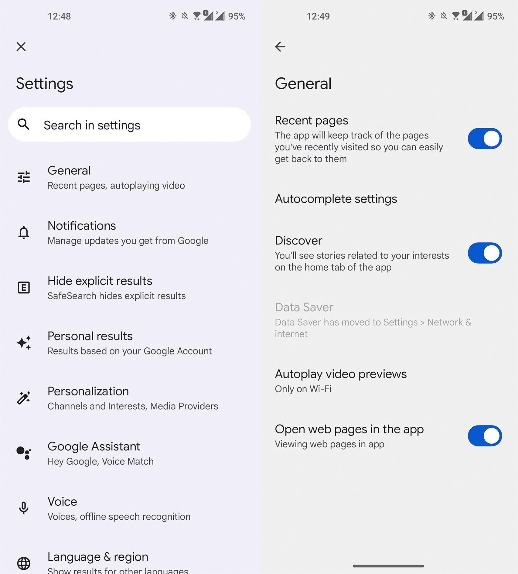 Página de ajustes en Google