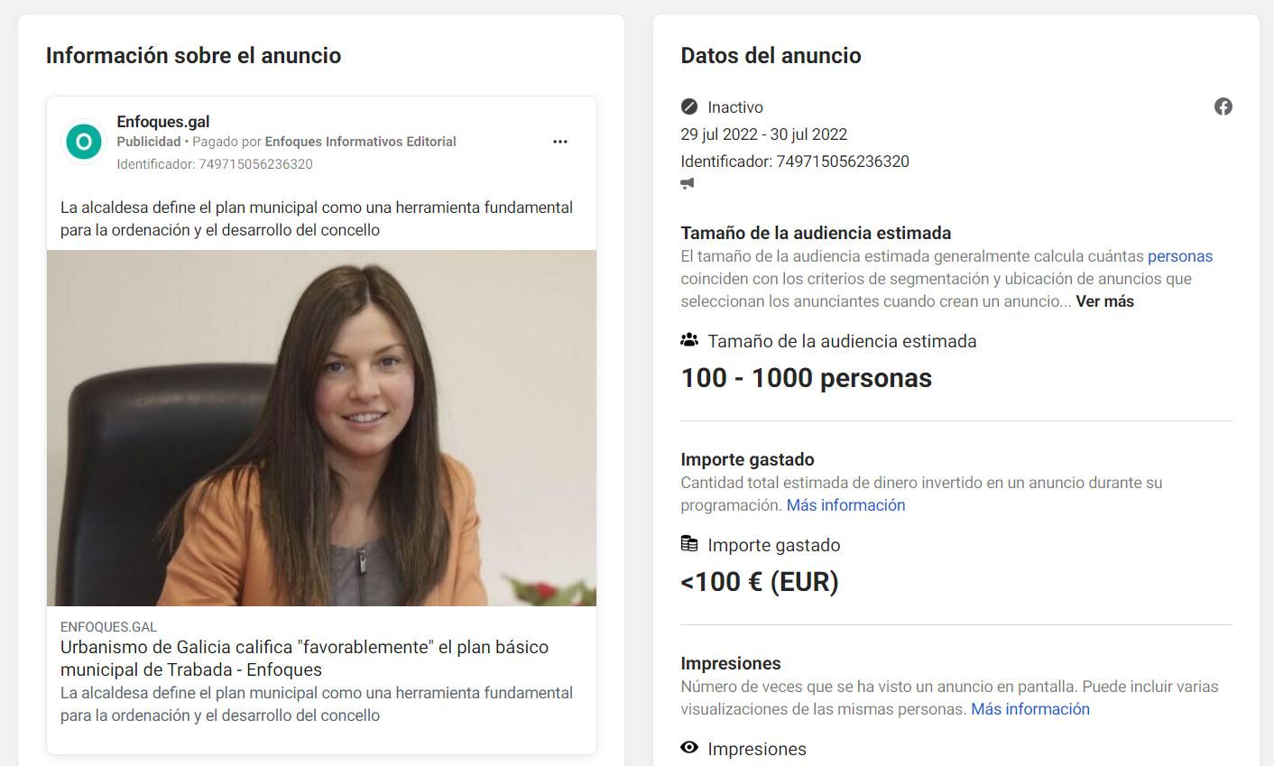 Una de las campañas publicitarias en Facebook para promocionar la labor de la alcaldesa de Trabada