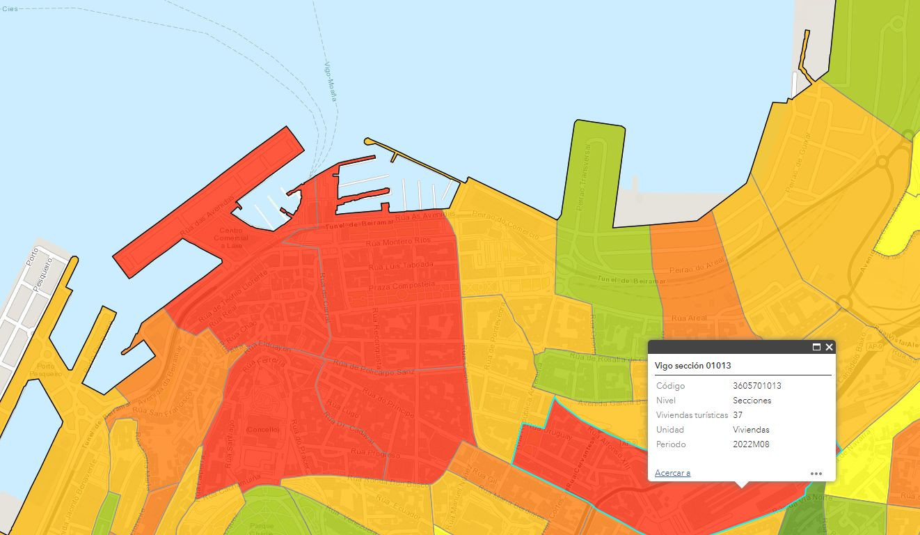 Centro de Vigo en el mapa de viviendas turísticas. Foto: INE
