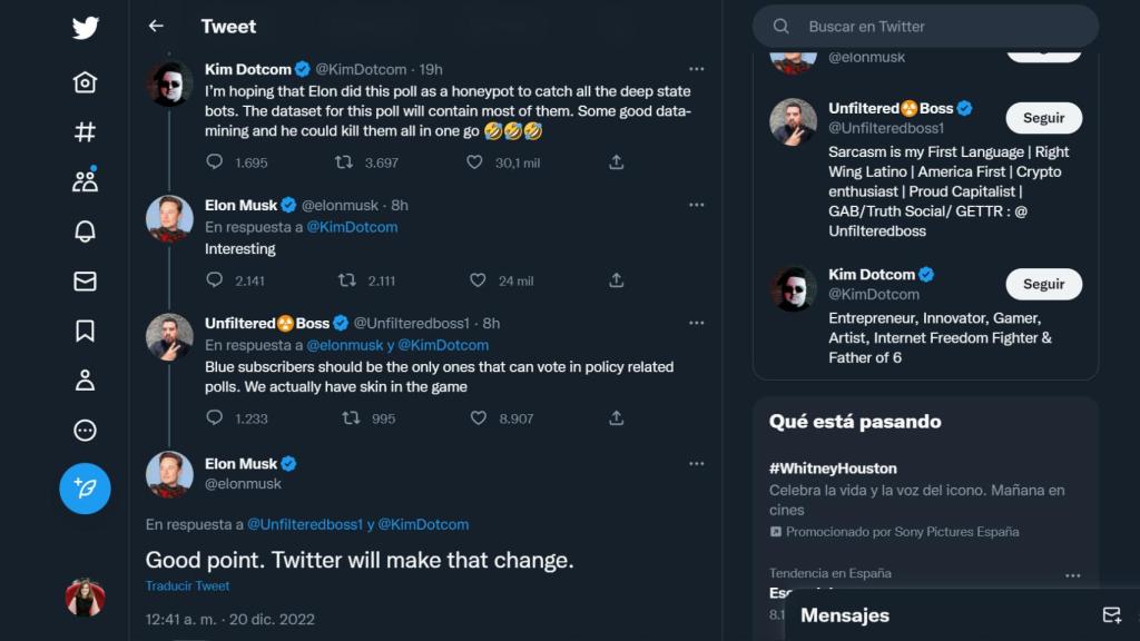 Captura conversación de Elon Musk en Twitter