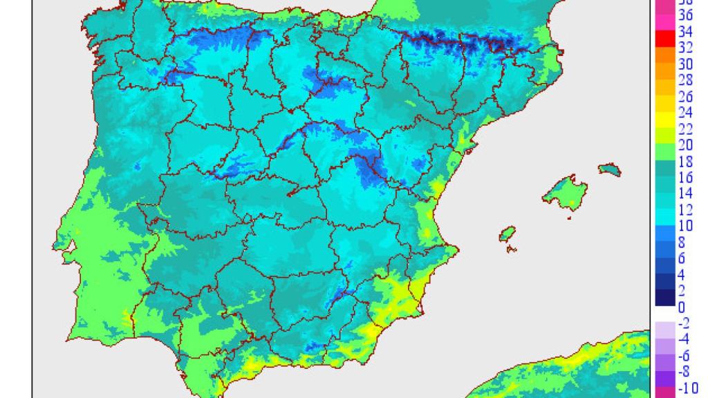 Predicción de temperaturas máximas y mínimas para hoy y sus variaciones, en un mapa de la AEMET