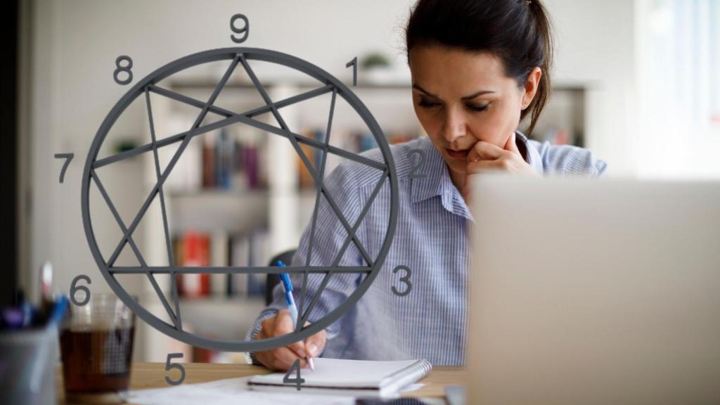 Una mujer resolviendo su test del eneagrama y el icono de este.