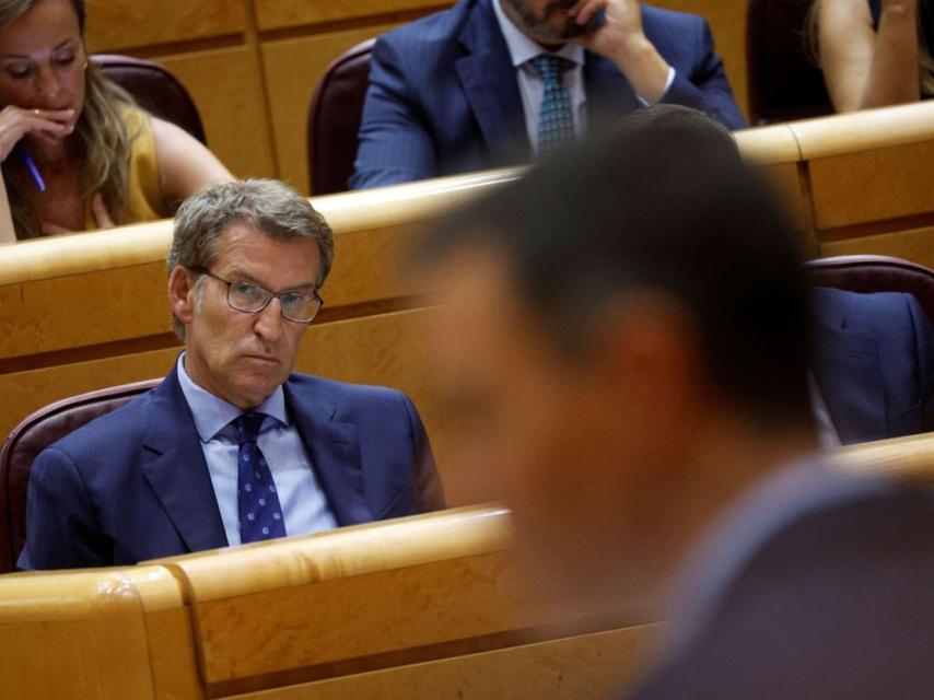 Alberto Núñez Feijóo escucha las palabras de Pedro Sánchez en el Senado.