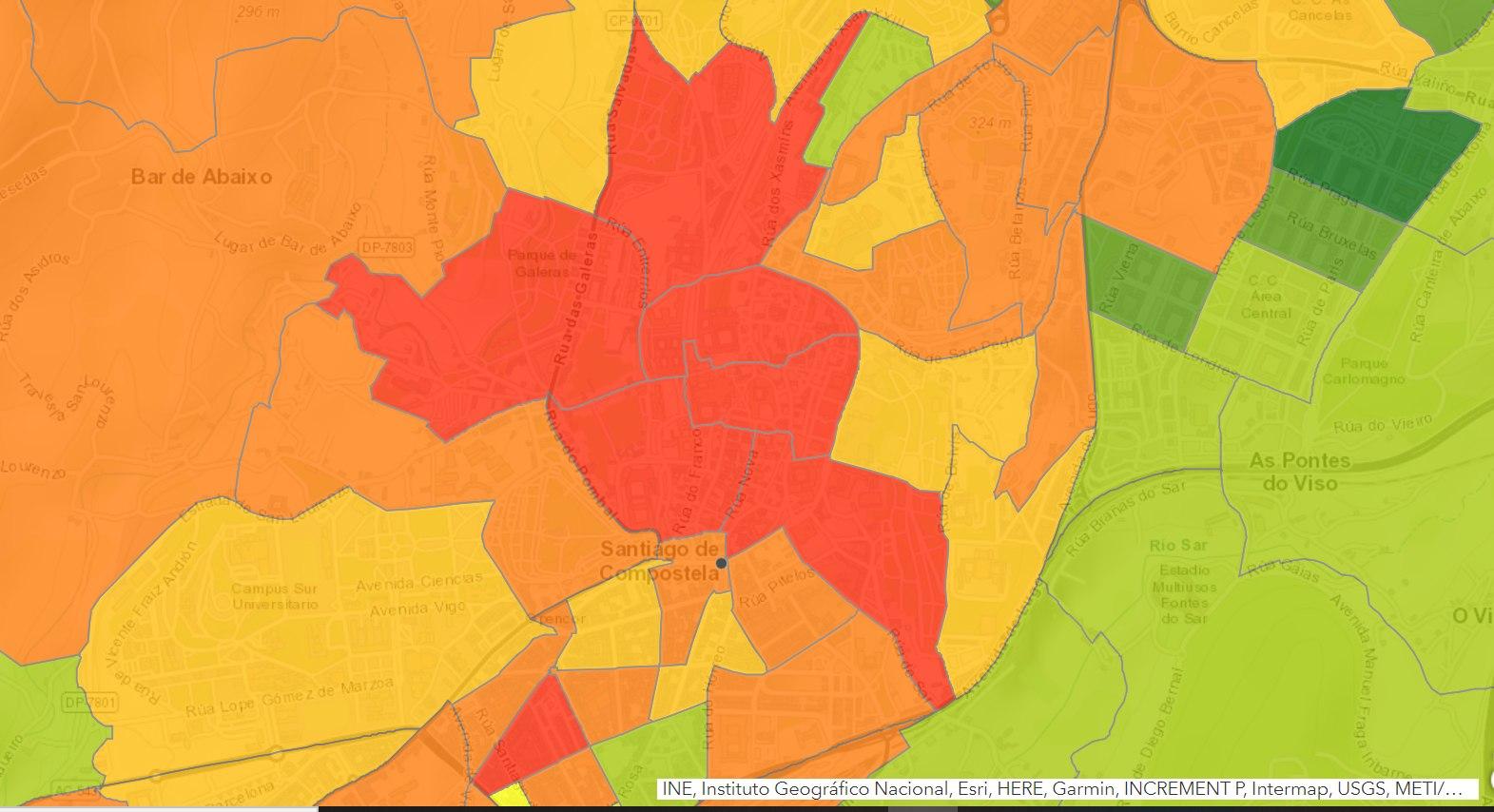 Vista en detalle de los barrios con mayor número de pisos turísticos en Santiago.